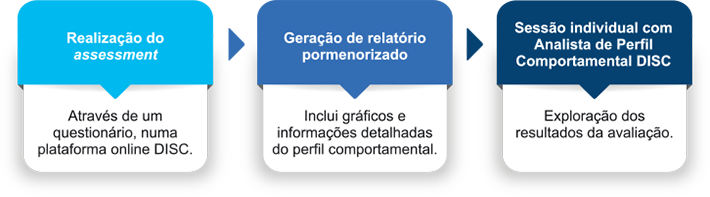 Esquema das 3 fases da avaliação individual DISC: Assessment - Relatório - Sessão individual com Analista DISC