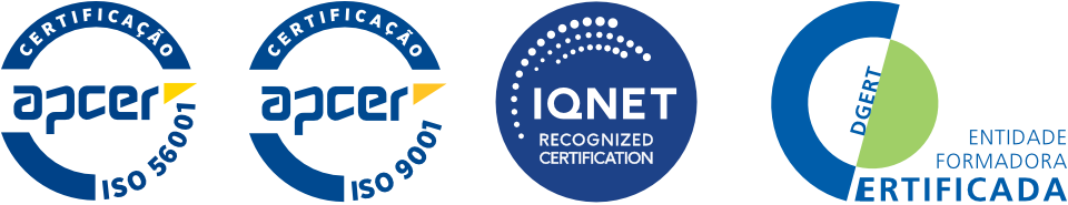 Logótipos da certificação pela APCER: ISO 9001, NP 4457, IQNET.