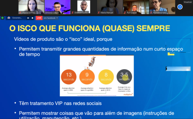 Ecrã do webinar com dicas sobre loja online.