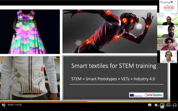 Têxteis inteligentes com leds (um vestido luminoso, um atleta, um fato com sensores). Título da apresentação. faces dos oradores em videoconferência